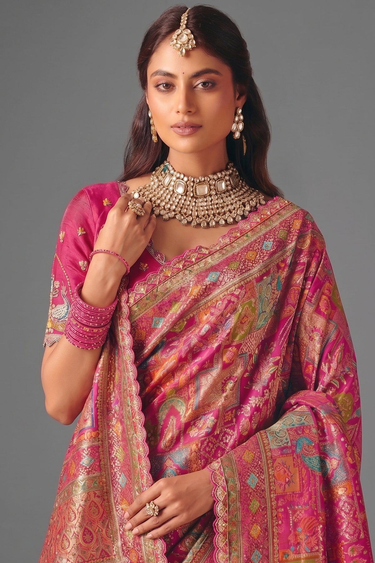 Radiant Fuchsia Pink Dola Silk Saree with Thread Embroidery & Cutwork Lace