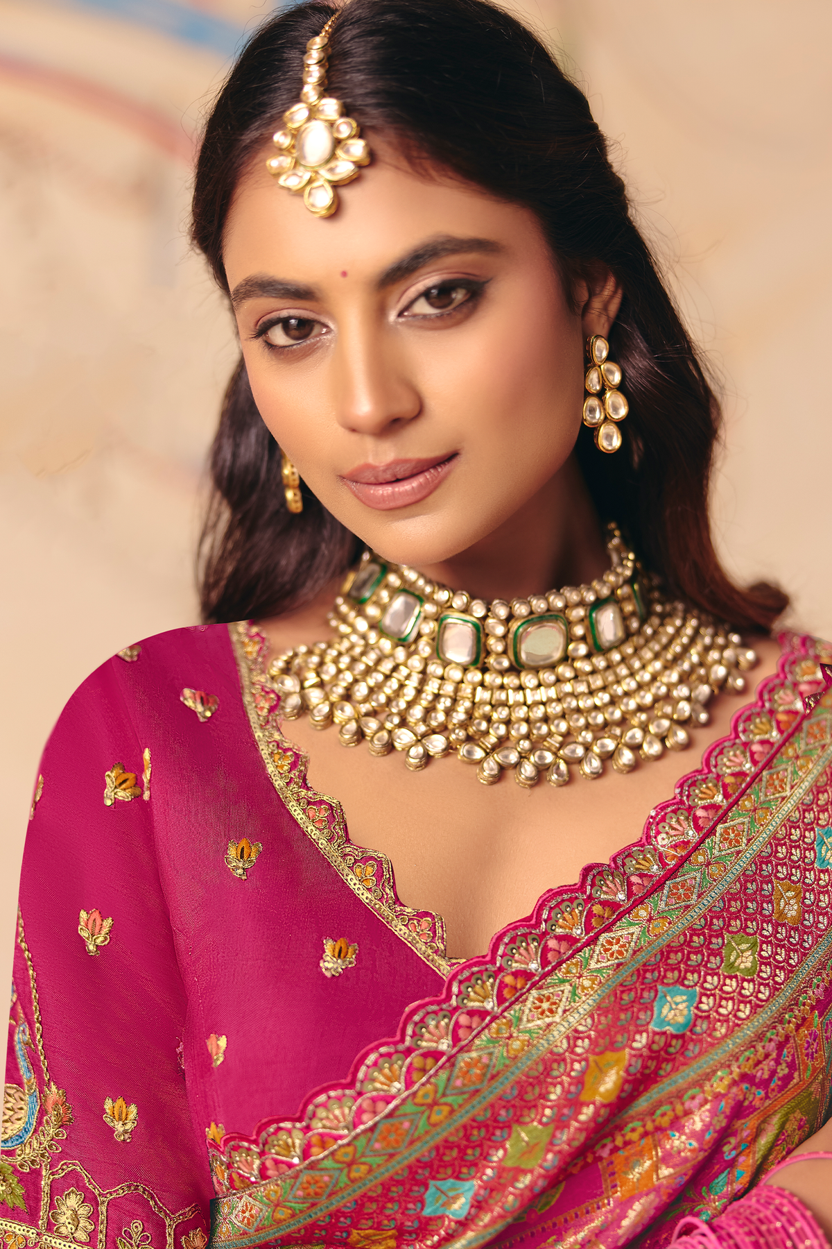 Radiant Fuchsia Pink Dola Silk Saree with Thread Embroidery & Cutwork Lace