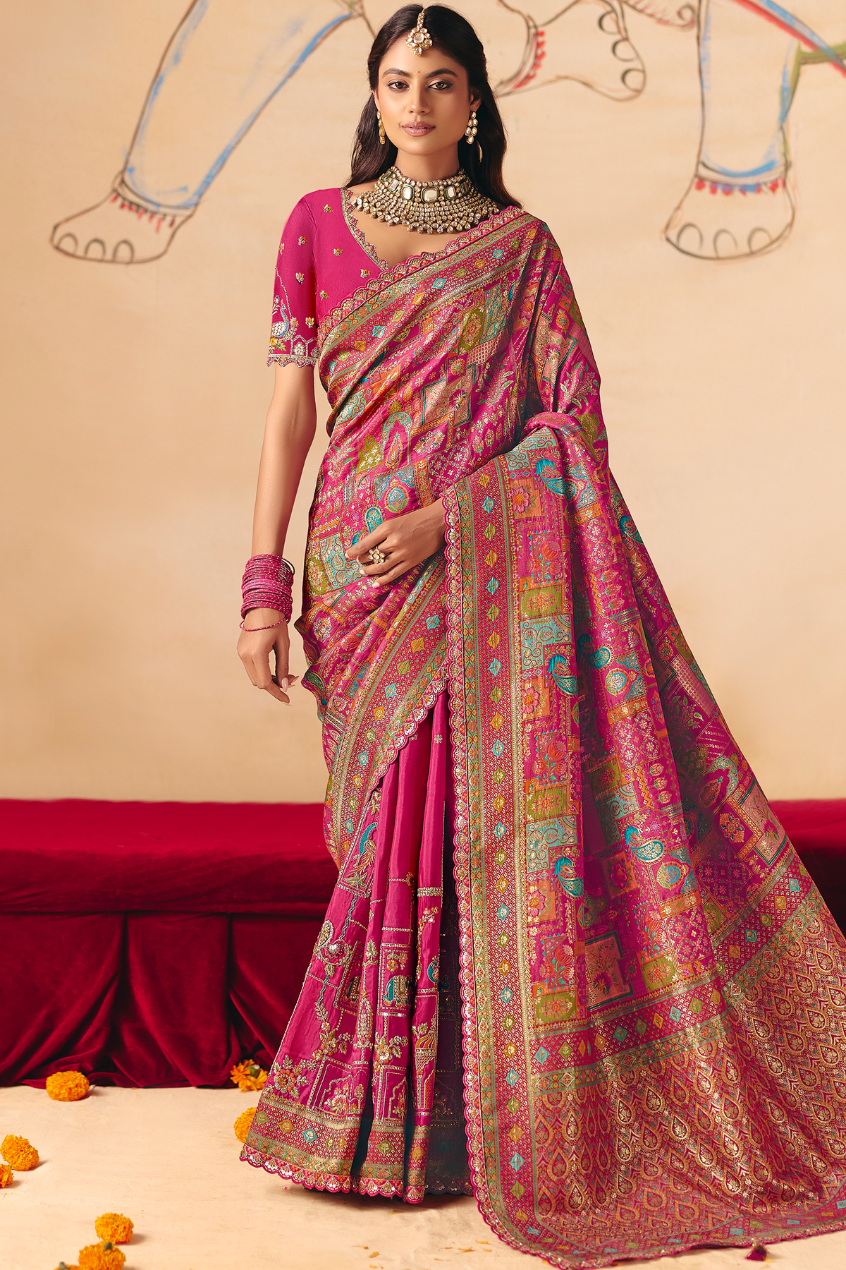 Radiant Fuchsia Pink Dola Silk Saree with Thread Embroidery & Cutwork Lace