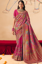 Radiant Fuchsia Pink Dola Silk Saree with Thread Embroidery & Cutwork Lace