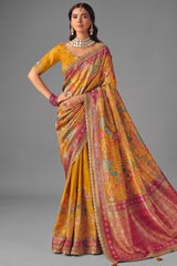Golden Mustard Dola Silk Saree with Intricate Patli Embroidery & Contrast Border
