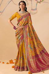 Golden Mustard Dola Silk Saree with Intricate Patli Embroidery & Contrast Border