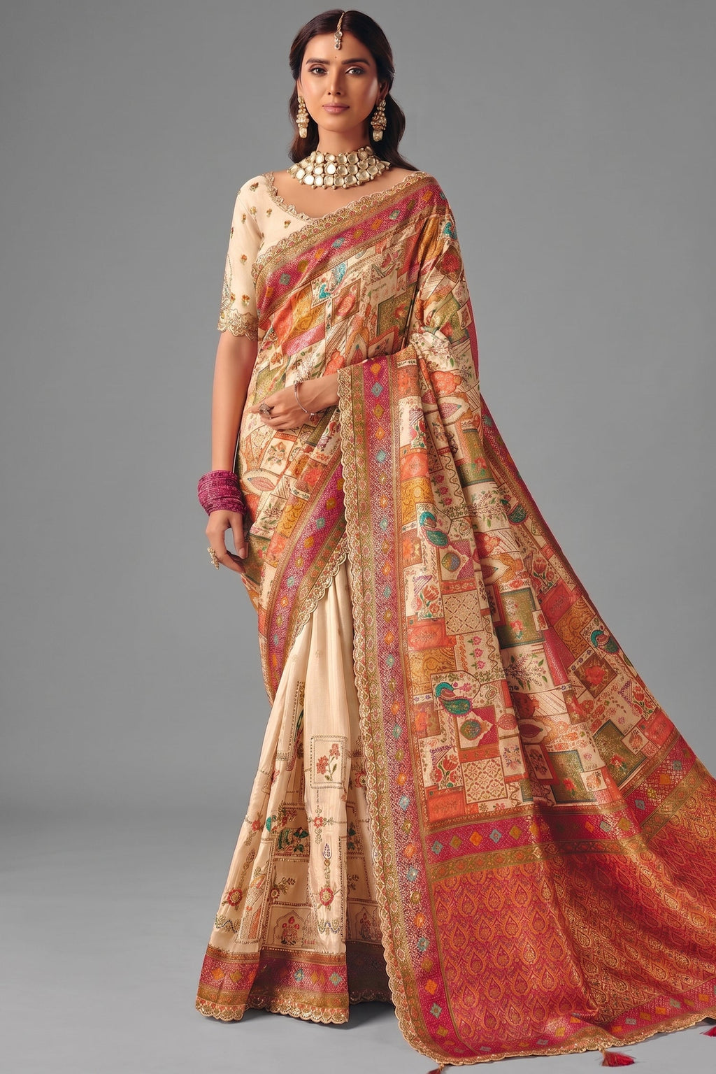 Ivory White Dola Silk Saree with Thread Embroidery & Cutwork Lace