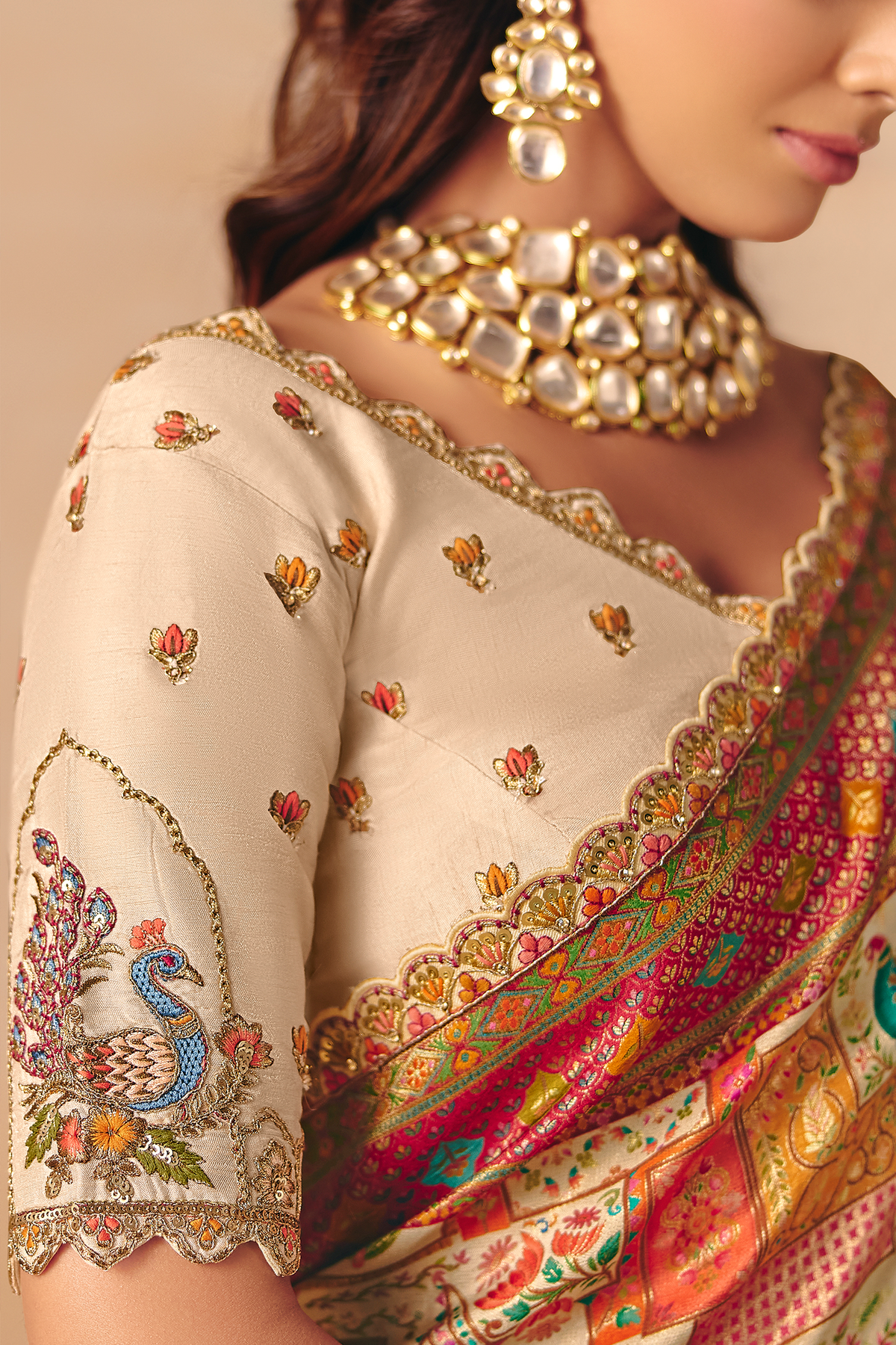 Ivory White Dola Silk Saree with Thread Embroidery & Cutwork Lace
