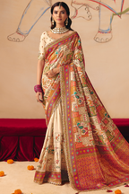Ivory White Dola Silk Saree with Thread Embroidery & Cutwork Lace