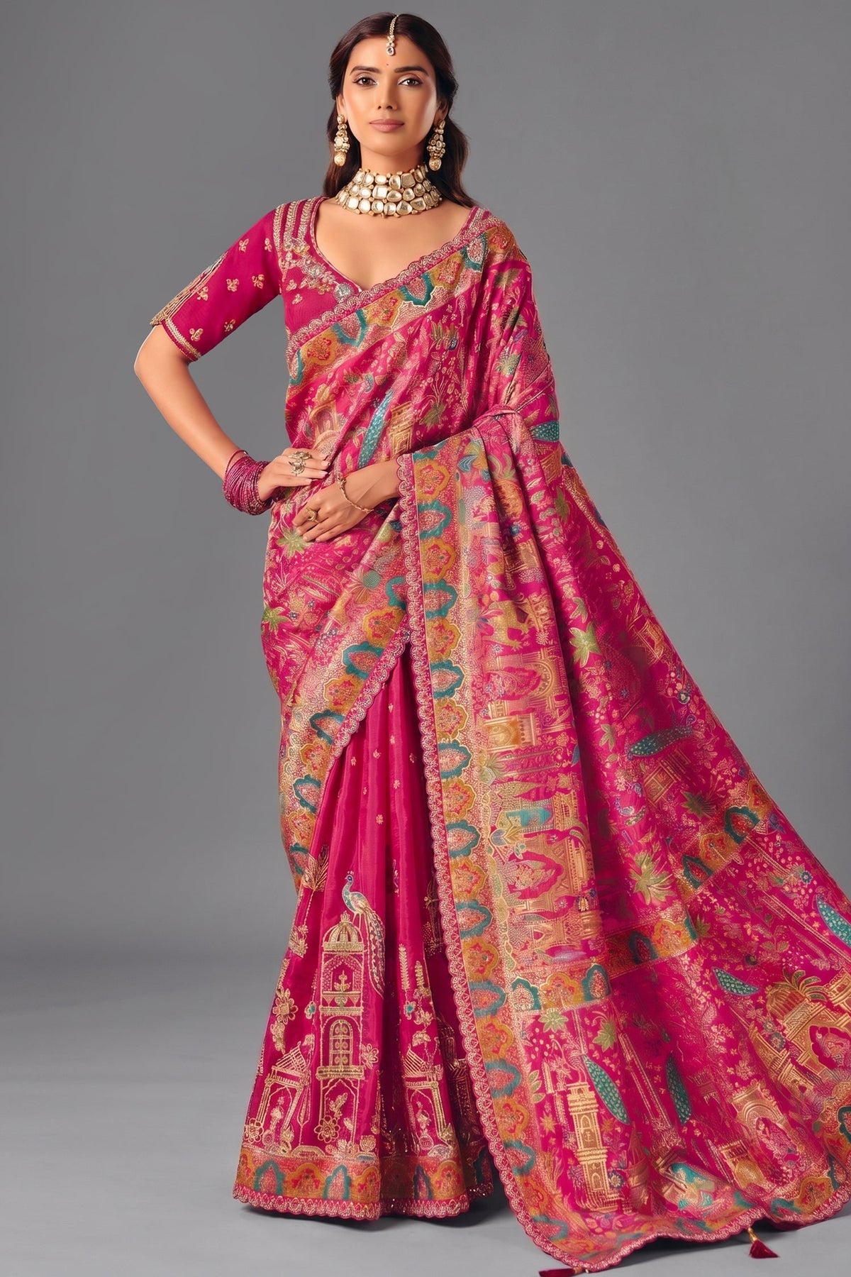 Majestic Rani Pink Dola Silk Saree Handcrafted with Heavy Traditional Embroidery