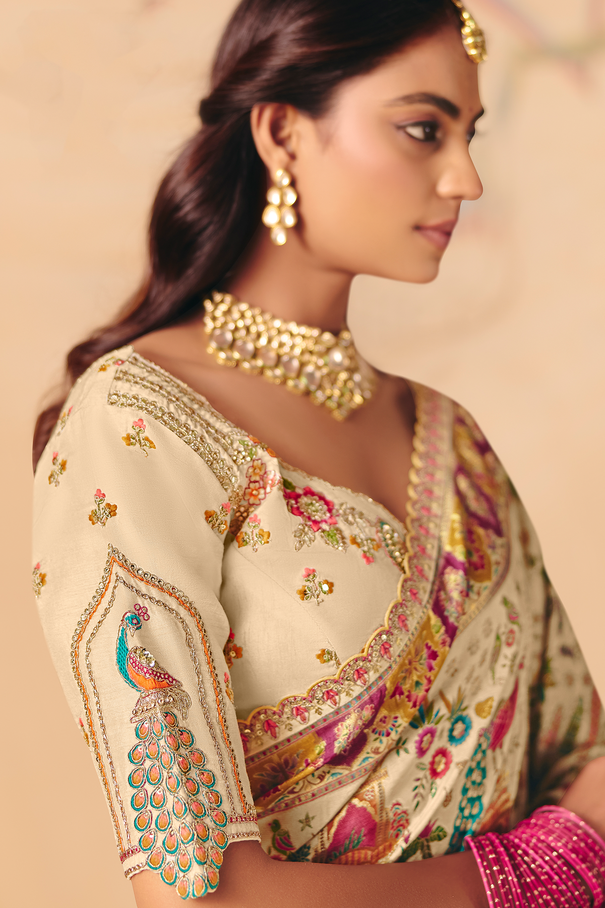 Classic Cream Dola Silk Saree Embellished with Multicolored Thread Work & Cutwork Lace