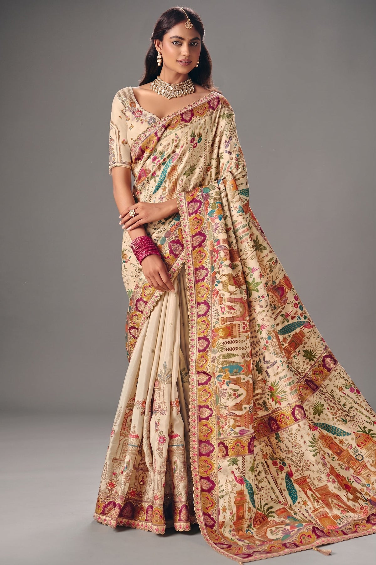Classic Cream Dola Silk Saree Embellished with Multicolored Thread Work & Cutwork Lace