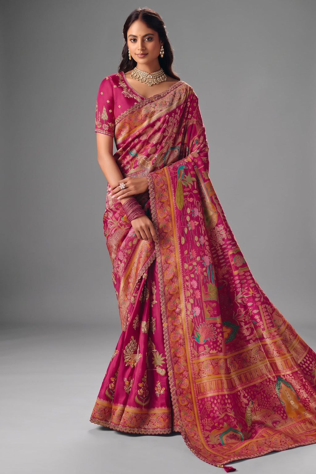 Deep Magenta Dola Silk Saree Showcasing Exquisite Cutwork Border