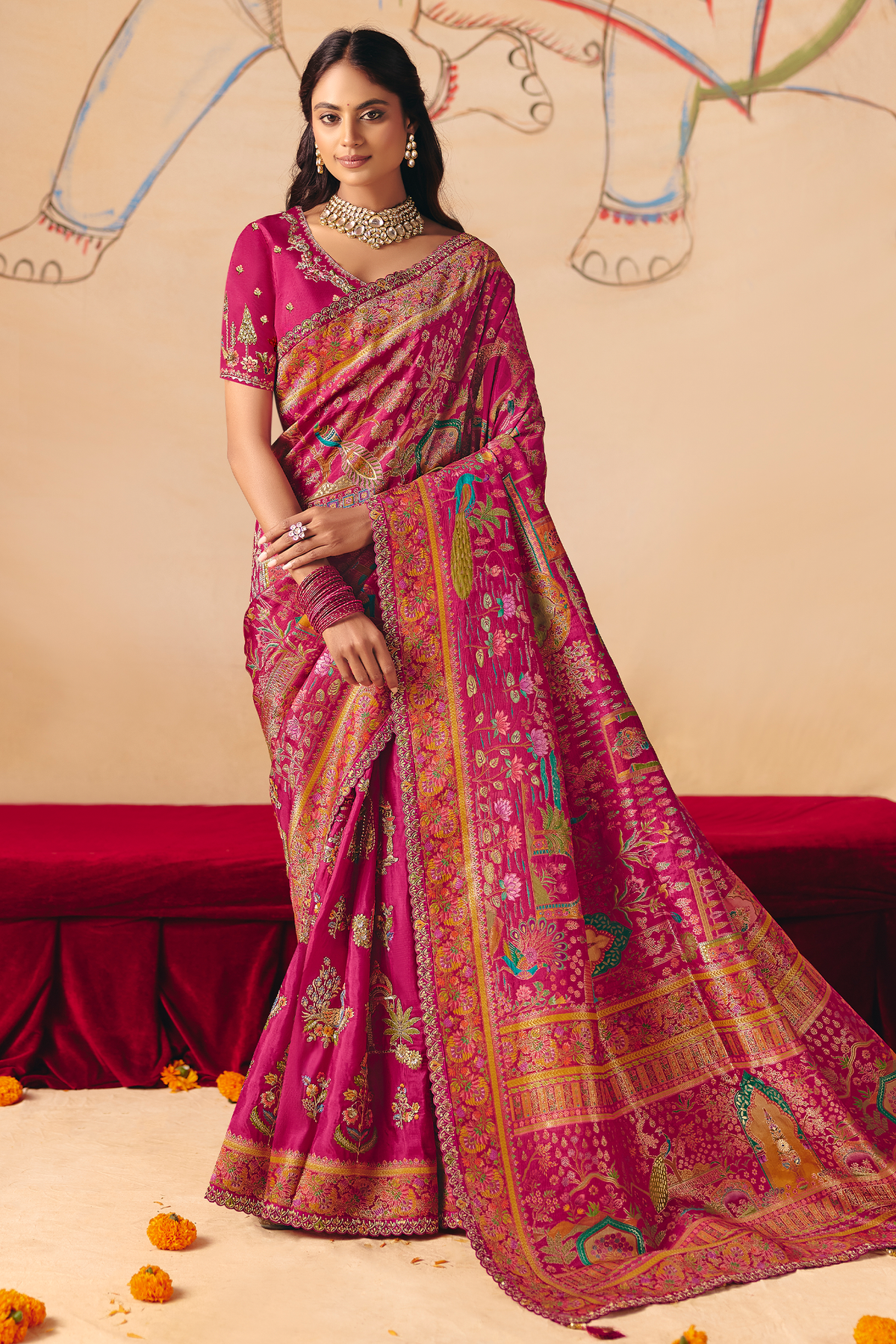 Deep Magenta Dola Silk Saree Showcasing Exquisite Cutwork Border