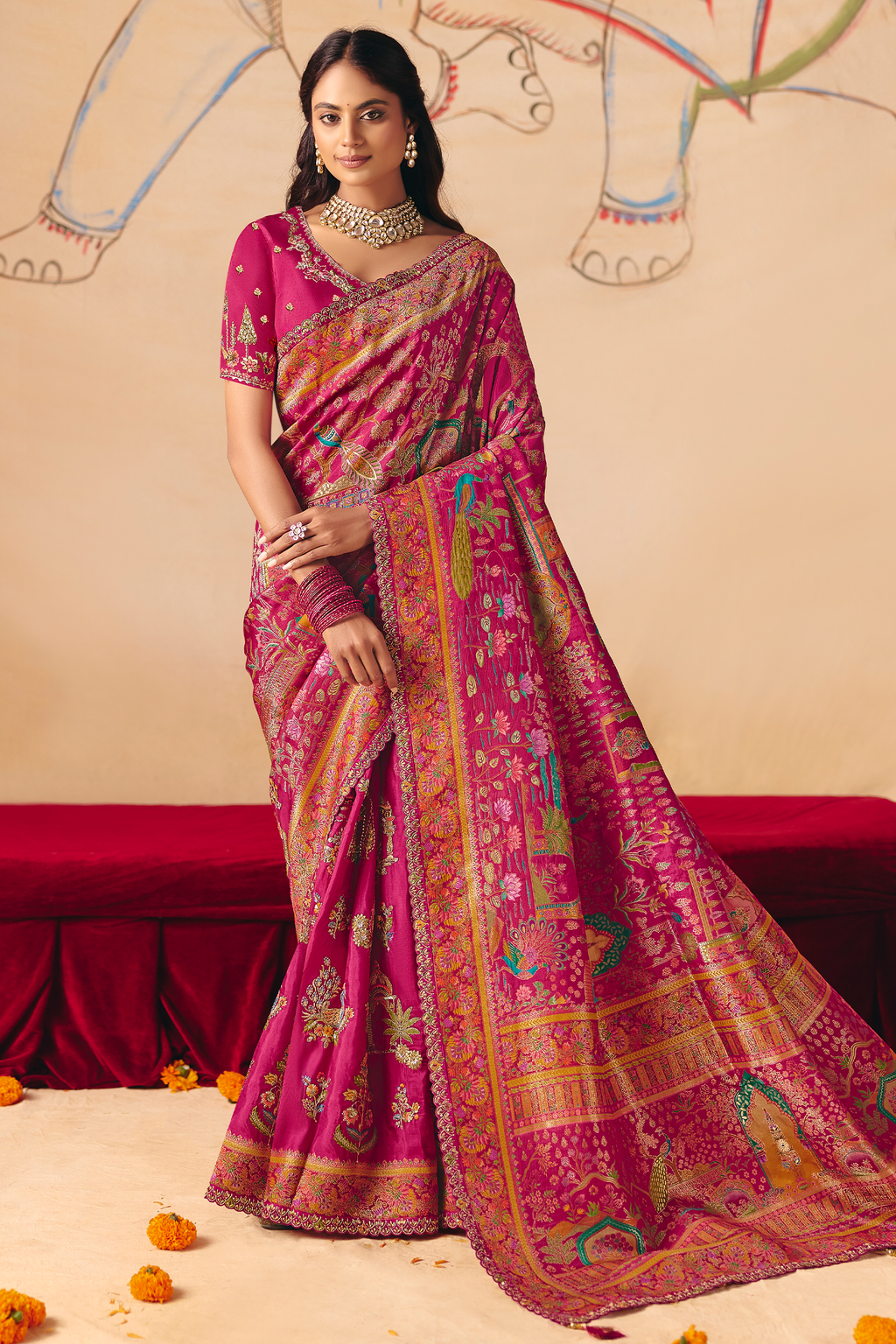Deep Magenta Dola Silk Saree Showcasing Exquisite Cutwork Border