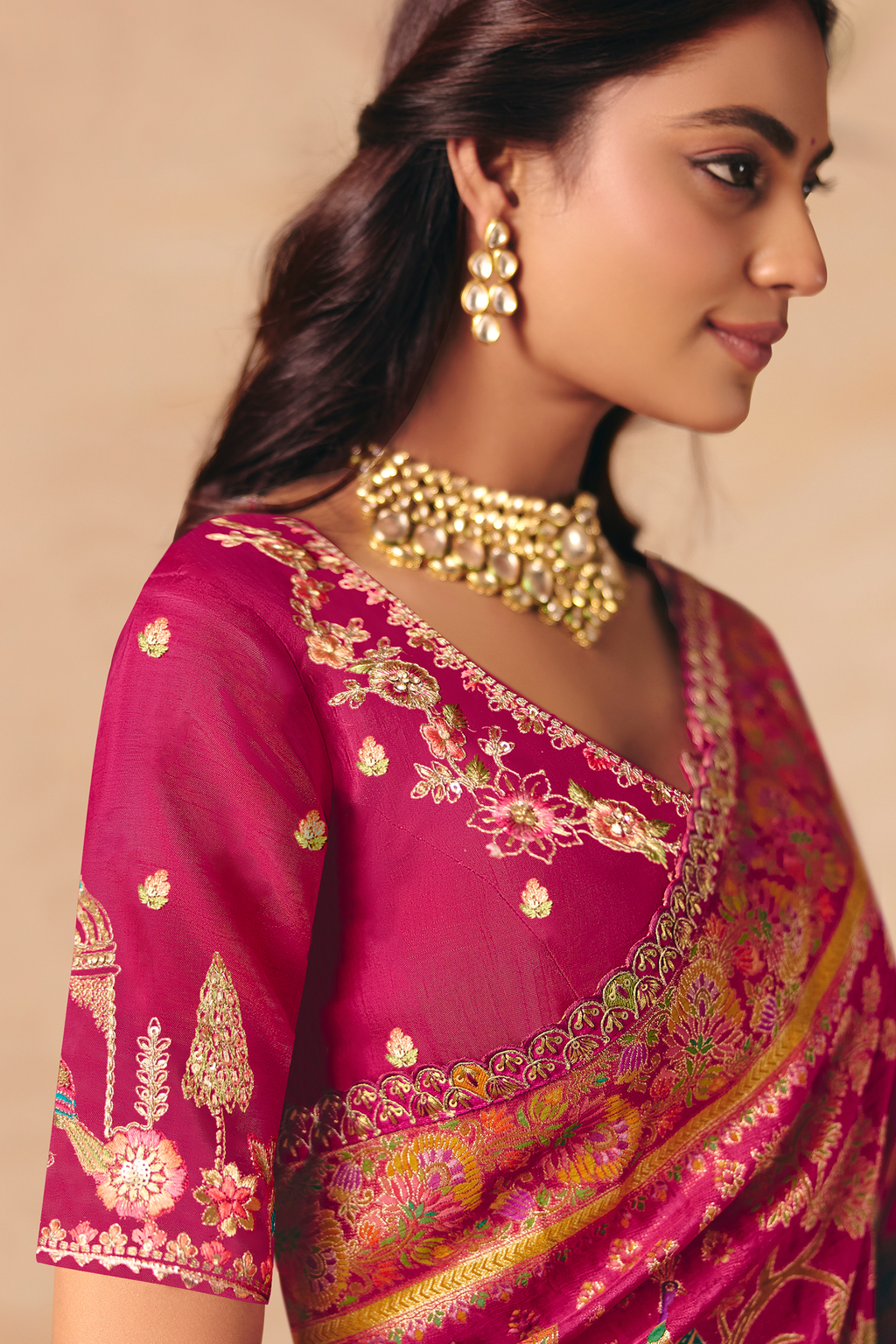 Deep Magenta Dola Silk Saree Showcasing Exquisite Cutwork Border
