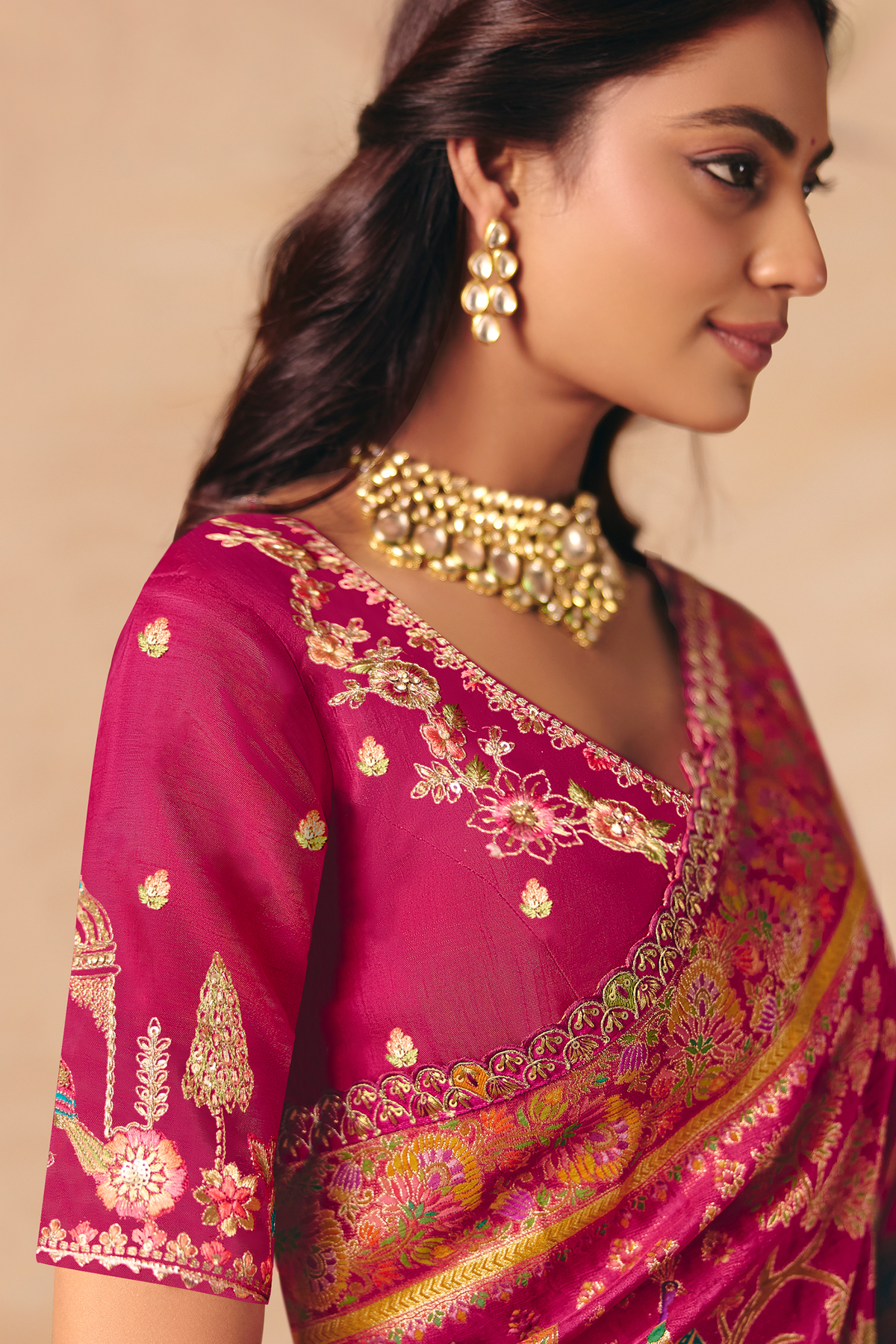 Deep Magenta Dola Silk Saree Showcasing Exquisite Cutwork Border