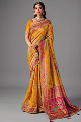 Turmeric Yellow Dola Silk Saree with Rich Pink Embroidered Contrasts