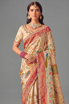 Pearl White Dola Silk Saree Accented with A Heavy Fuchsia Pink Embroidered Pallu