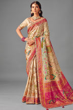Pearl White Dola Silk Saree Accented with A Heavy Fuchsia Pink Embroidered Pallu