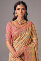 Champagne Peach Dola Silk Saree Detailed with Delicate Pastel Threadwork