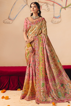 Champagne Peach Dola Silk Saree Detailed with Delicate Pastel Threadwork