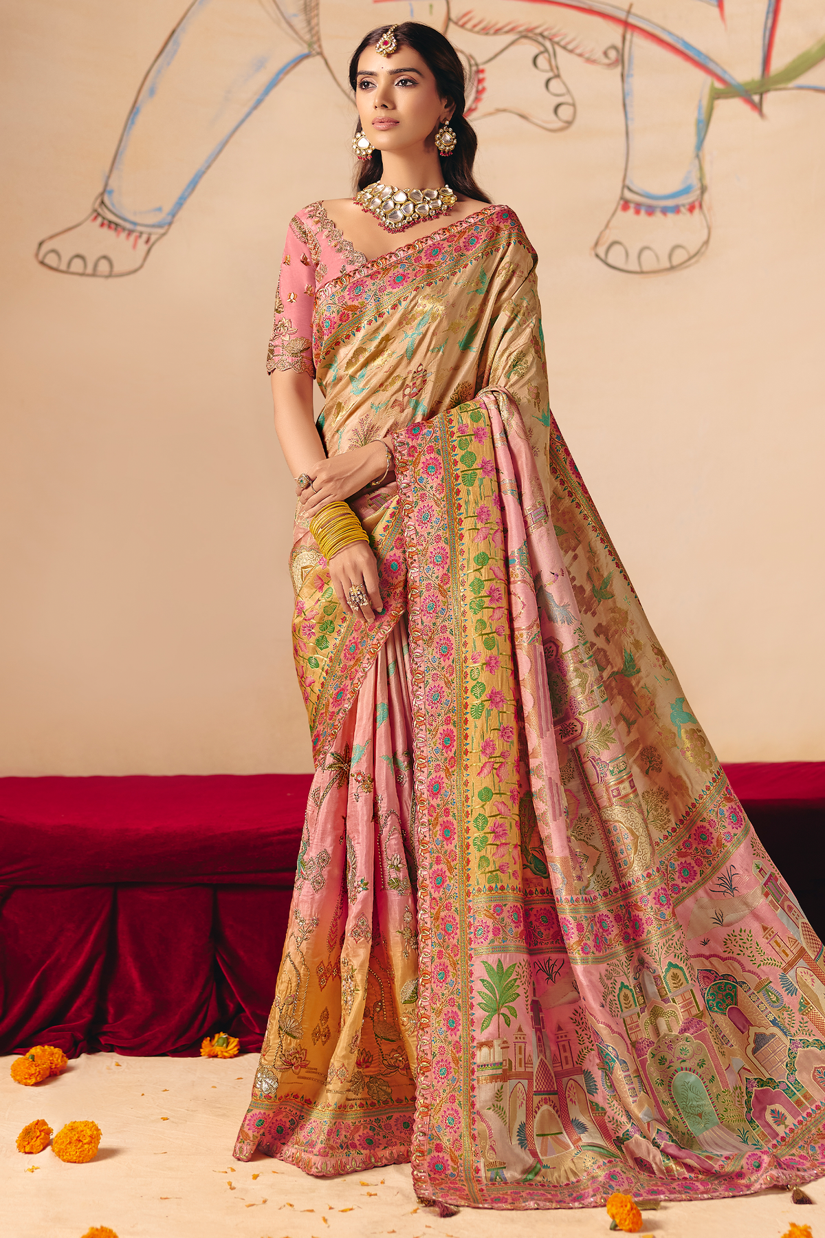 Champagne Peach Dola Silk Saree Detailed with Delicate Pastel Threadwork