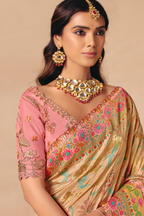 Champagne Peach Dola Silk Saree Detailed with Delicate Pastel Threadwork