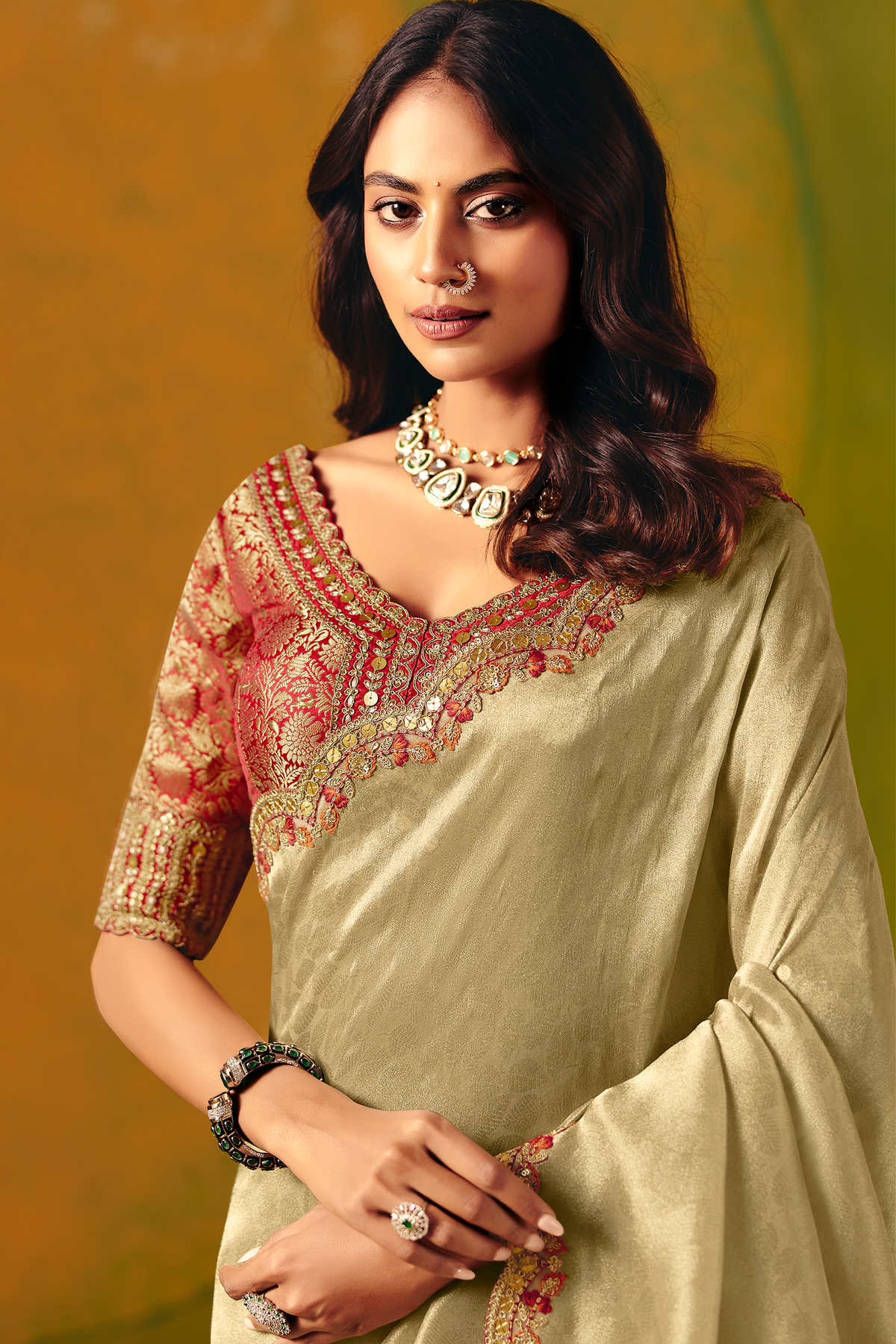 Champagne Olive Green Silk Saree with Red Embroidered Scallop Border