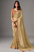 Champagne Olive Green Silk Saree with Red Embroidered Scallop Border