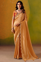 Shimmering Copper Orange Zari Silk Saree with Cutwork Embroidery