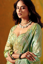 Seafoam Mint Striped Two Tone Jacquard Silk Saree with Showcasing Metallic Weaving
