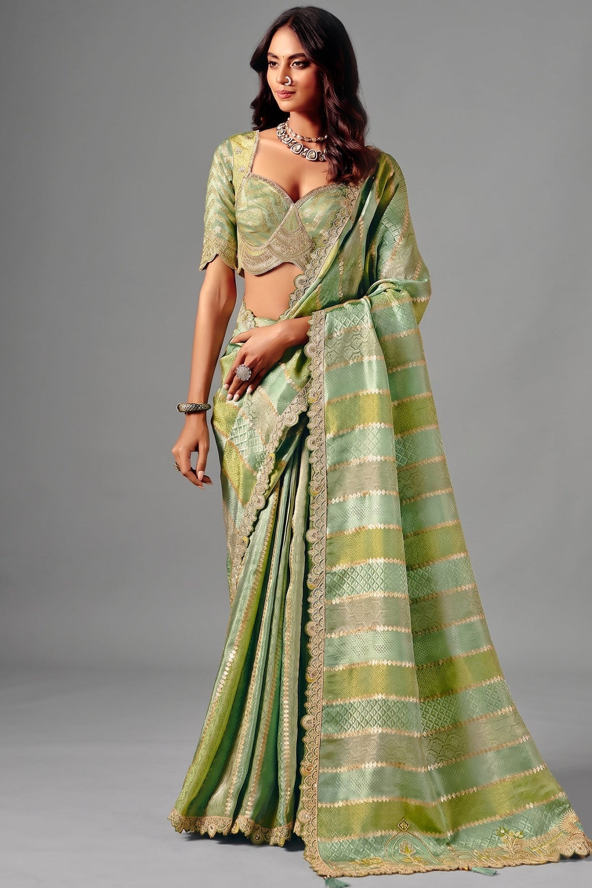 Seafoam Mint Striped Two Tone Jacquard Silk Saree with Showcasing Metallic Weaving