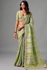 Seafoam Mint Striped Two Tone Jacquard Silk Saree with Showcasing Metallic Weaving