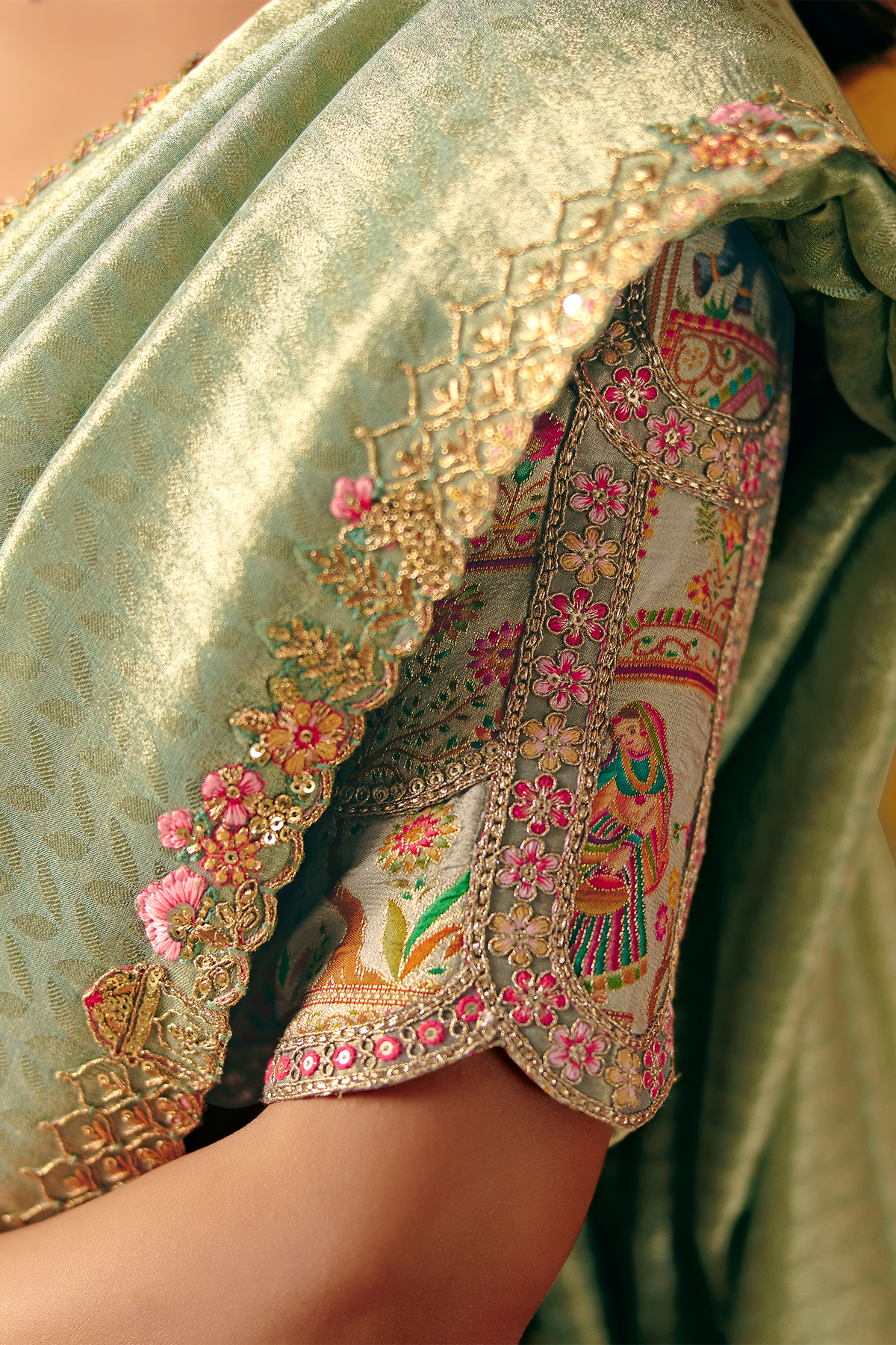 Pale Pista Green Zari Weaving Silk Saree with Embroidered Border