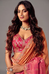 Sunset Dual-Tone Pink & Orange Zari Silk Saree with Red Embroidered Scallop Border