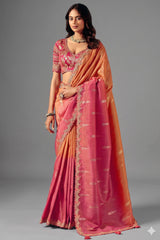 Sunset Dual-Tone Pink & Orange Zari Silk Saree with Red Embroidered Scallop Border