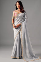 Ice Silver Grey Striped Smooth Zari Silk Saree with Embroidered Border