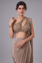 Brown Crepe Silk Pre-Draped Saree Featuring Heavily One-Shoulder Cutout Blouse