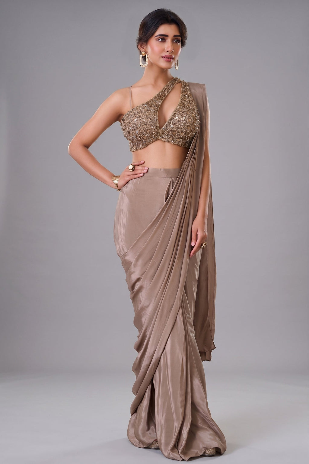 Brown Crepe Silk Pre-Draped Saree Featuring Heavily One-Shoulder Cutout Blouse