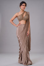 Brown Crepe Silk Pre-Draped Saree Featuring Heavily One-Shoulder Cutout Blouse