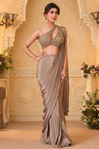 Brown Crepe Silk Pre-Draped Saree Featuring Heavily One-Shoulder Cutout Blouse