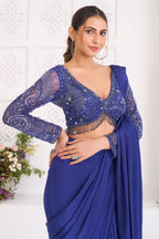 Indigo Blue Crepe Silk Pre-Draped Saree featuring Heavily Hand-Embellished V-Neck Full Sleeve Blouse