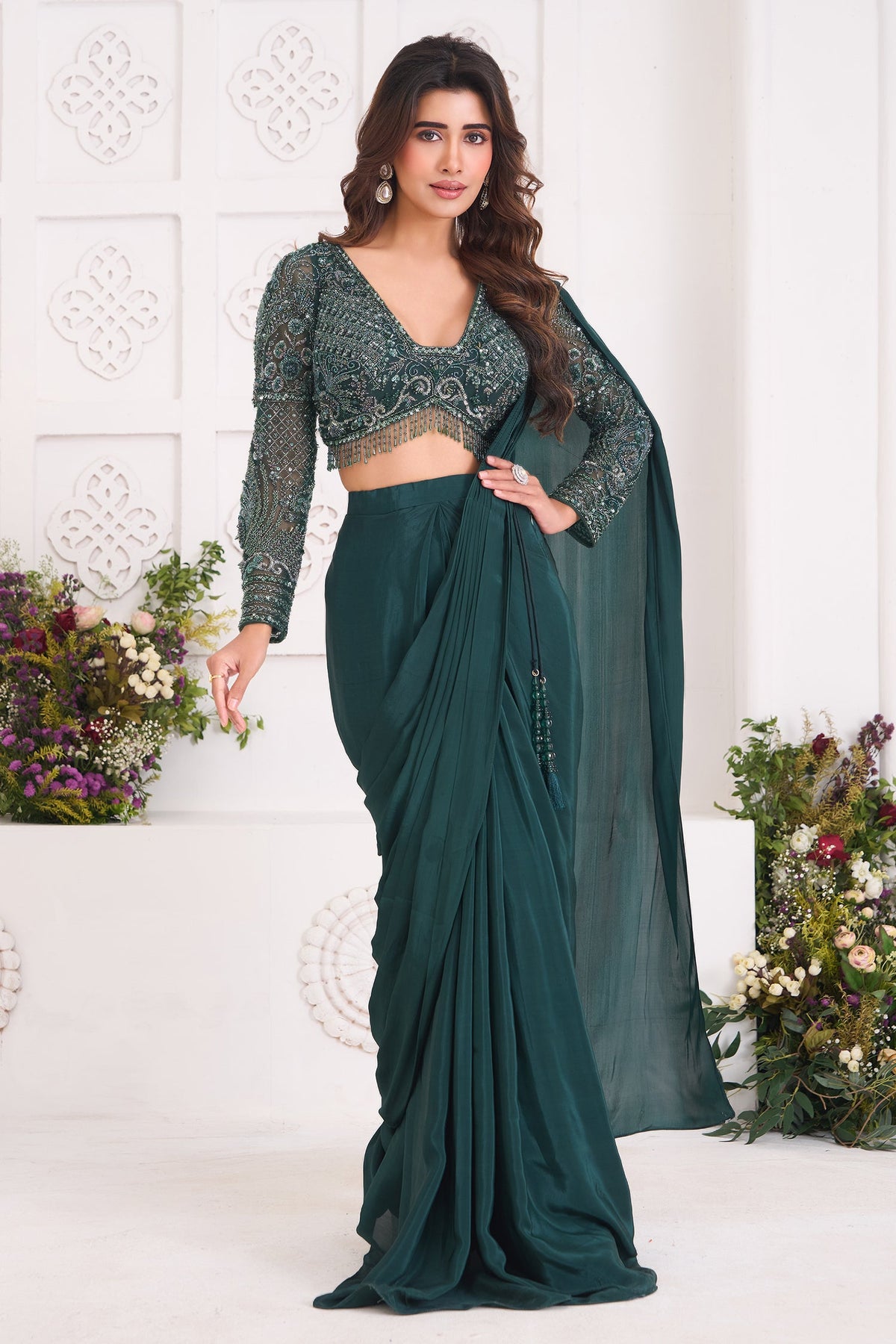 Bottle Green Crepe Silk Pre-Draped Saree featuring Heavily V-Neck Sequin Cutdana Choli with Hanging Beads Fringe