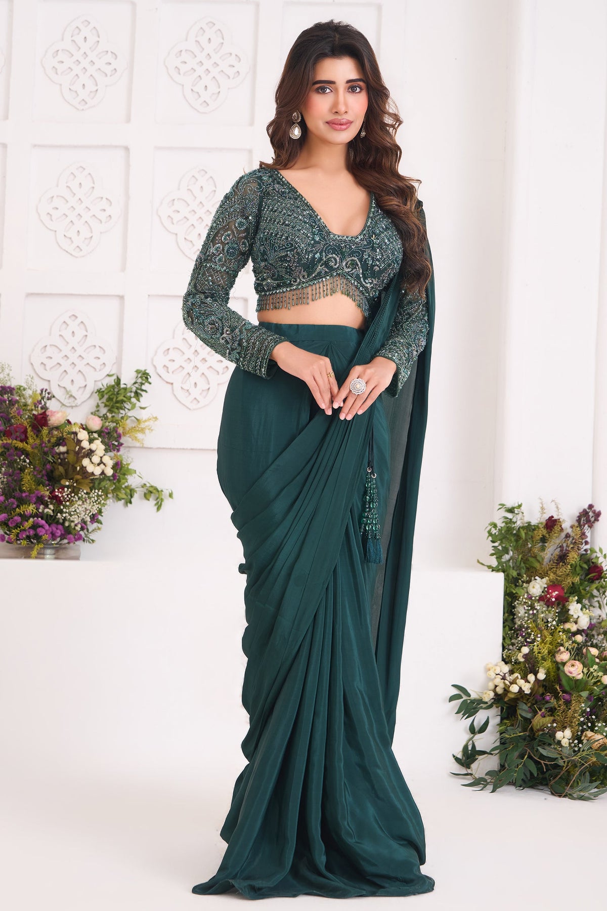 Bottle Green Crepe Silk Pre-Draped Saree featuring Heavily V-Neck Sequin Cutdana Choli with Hanging Beads Fringe