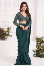 Bottle Green Crepe Silk Pre-Draped Saree featuring Heavily V-Neck Sequin Cutdana Choli with Hanging Beads Fringe
