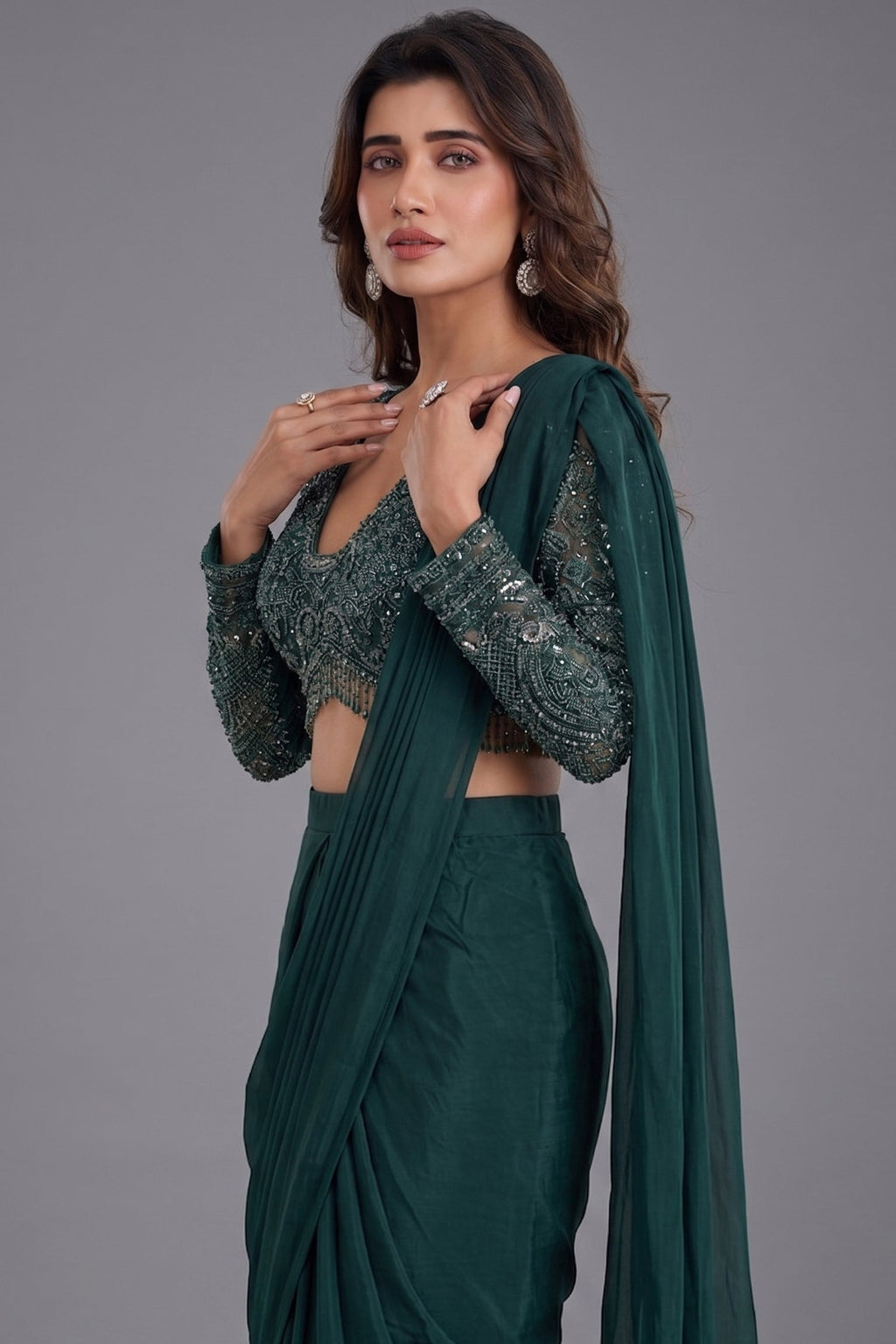 Bottle Green Crepe Silk Pre-Draped Saree featuring Heavily V-Neck Sequin Cutdana Choli with Hanging Beads Fringe