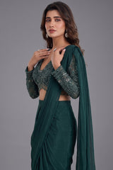 Bottle Green Crepe Silk Pre-Draped Saree featuring Heavily V-Neck Sequin Cutdana Choli with Hanging Beads Fringe