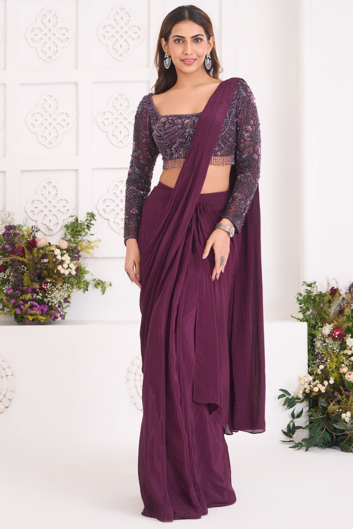 Plum Wine Crepe Silk Pre-Draped Saree Featuring Embellished Full-Sleeve Blouse