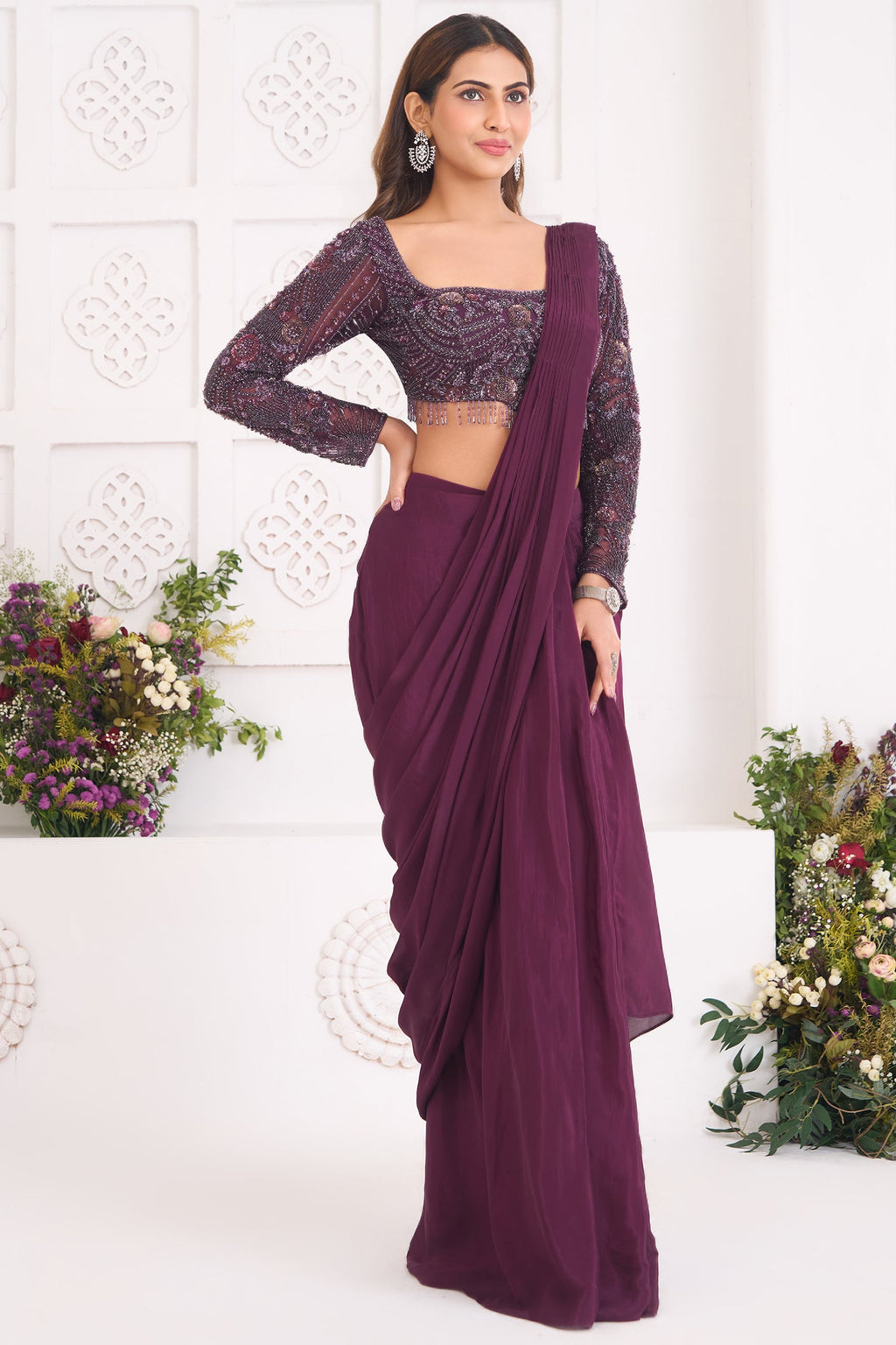 Plum Wine Crepe Silk Pre-Draped Saree Featuring Embellished Full-Sleeve Blouse