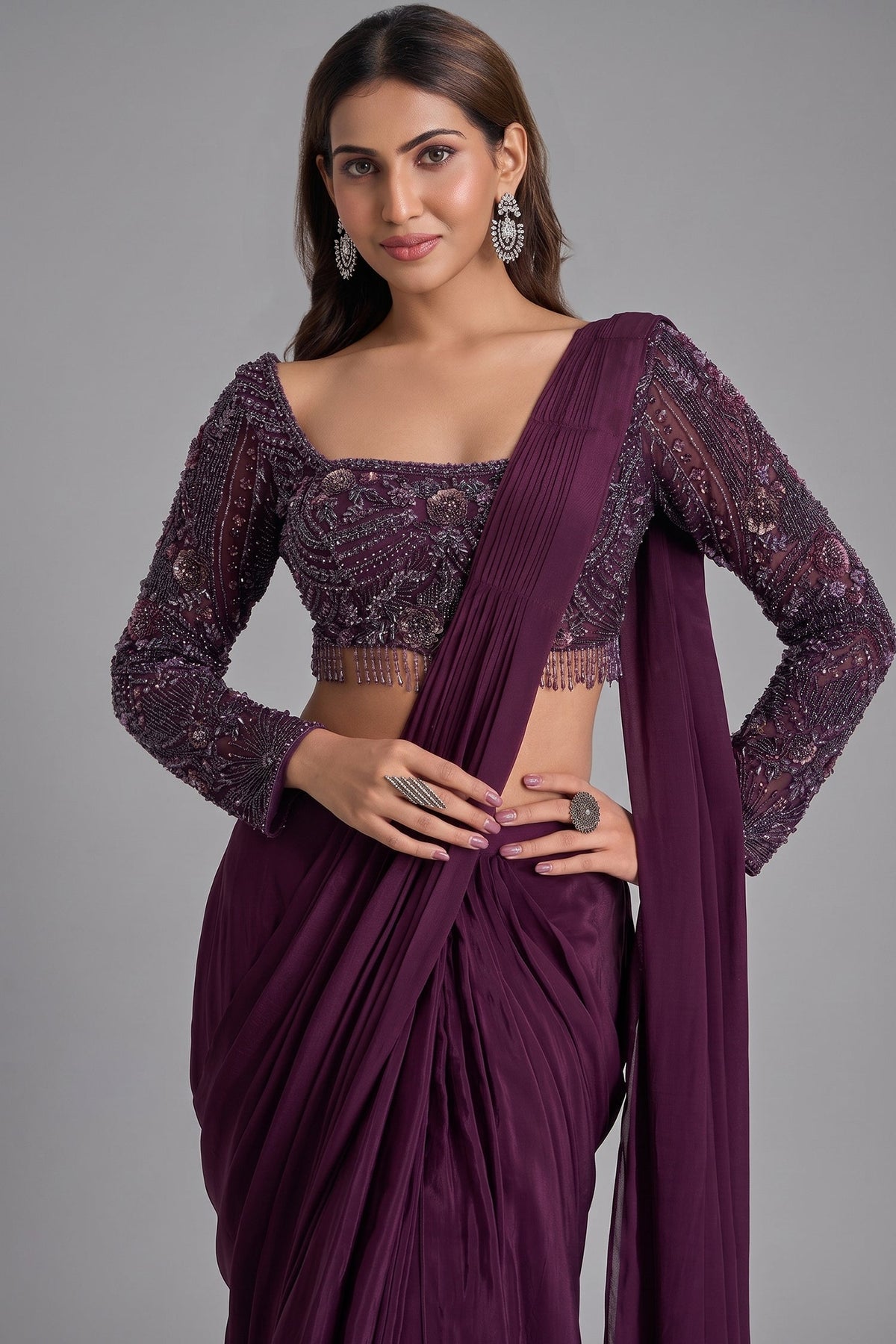 Plum Wine Crepe Silk Pre-Draped Saree Featuring Embellished Full-Sleeve Blouse