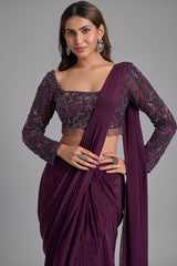 Plum Wine Crepe Silk Pre-Draped Saree Featuring Embellished Full-Sleeve Blouse