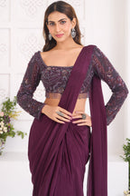 Plum Wine Crepe Silk Pre-Draped Saree Featuring Embellished Full-Sleeve Blouse