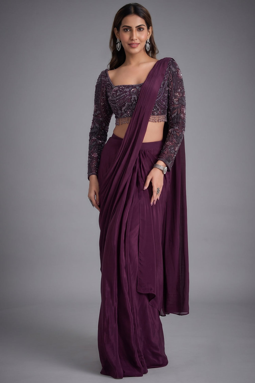 Plum Wine Crepe Silk Pre-Draped Saree Featuring Embellished Full-Sleeve Blouse